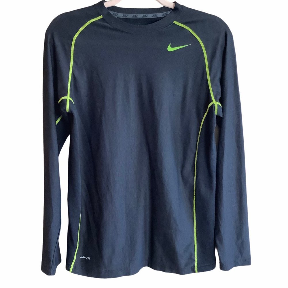 Nike Dri-Fit Long Sleeve Shirt Boy Sz XL Blackā Neon Stitching Athletic Stretch